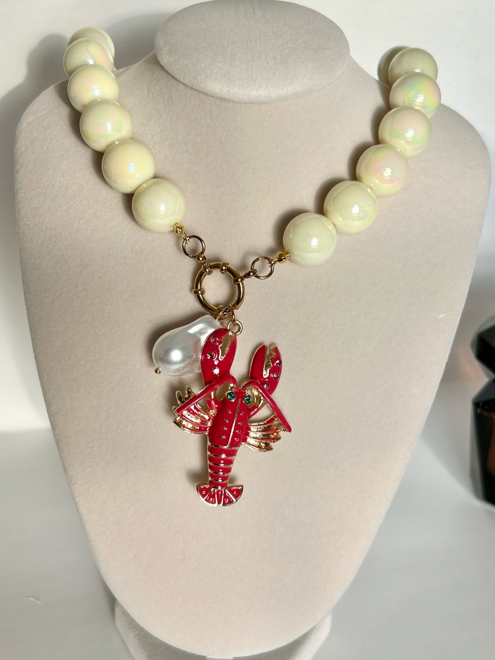 MAYAMAR Cream Chunky Beaded Lobster Charm Necklace Gold Tone Statement